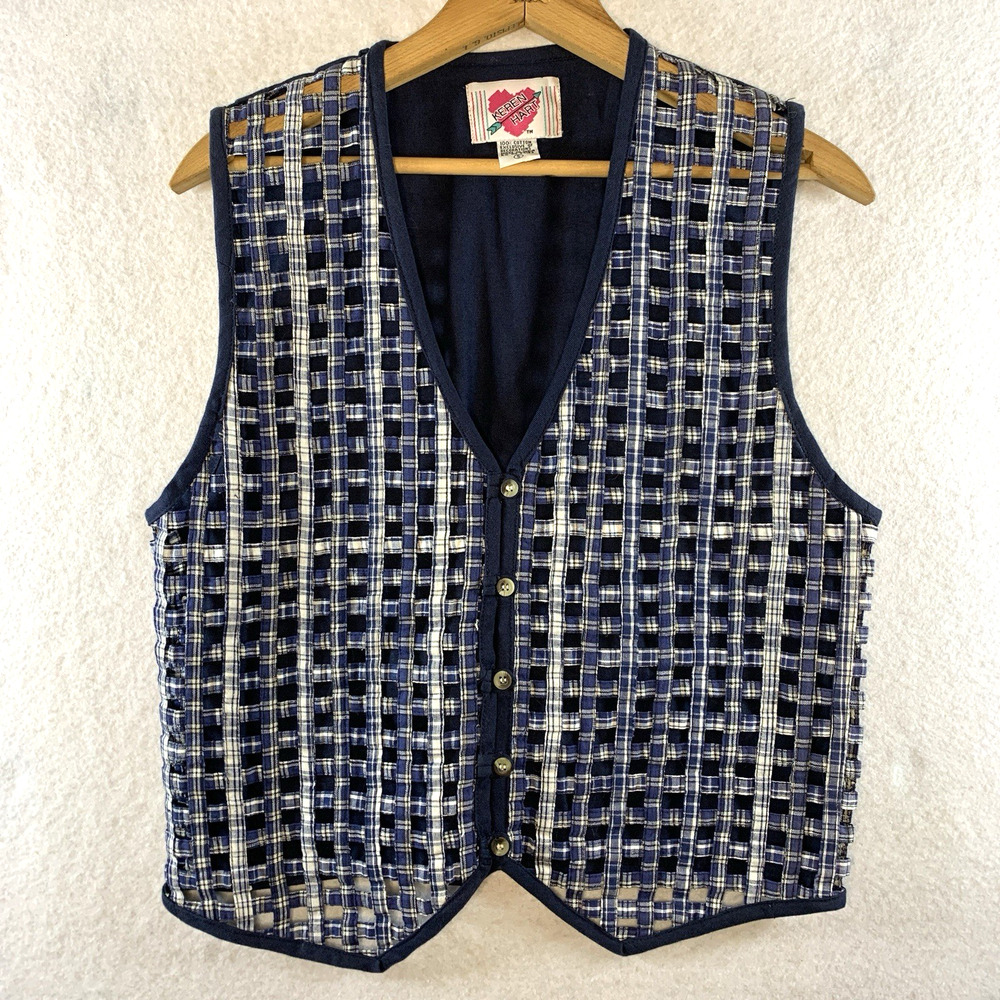 VTG 90s Women Open Weave Plaid‎ Vest Sz S Cottage Folk Country Teacher